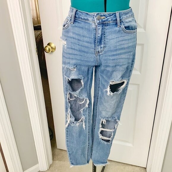 Cello Medium Wash Hi Rise Distressed  Raw Hem Stretch Skinny Cropped Jeans - Picture 1 of 13